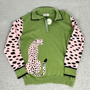 OXKNIT Sweater Womens XL Green 100% Cotton Collared Cheetah Graphic Pullover